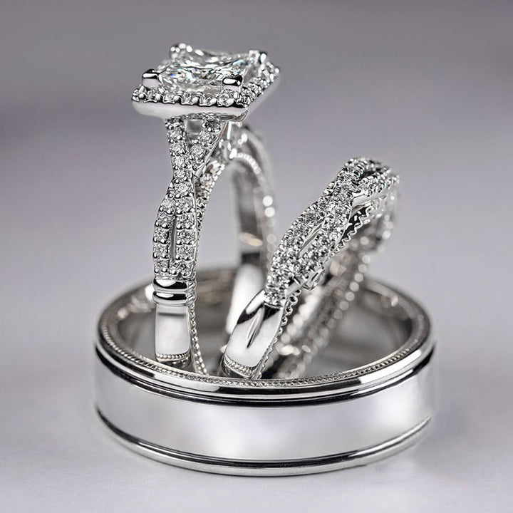 Princess Cut Twisted Paved Three-Piece Wedding Ring Set, Gold Silver Rose Gold Luxury Engagement Matching Ring Set