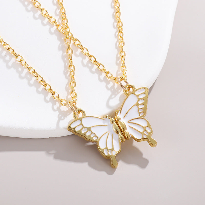 Color Enamel Butterfly Clavicle Necklace, Multi-Color Gold Border Minimal Pendant Necklace for Women