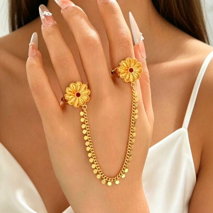 Vintage Embossed Floral Linked Double Ring Chain, Solid S925 Silver Gold-Plated 3 Gemstone Dangling Two-Finger Band