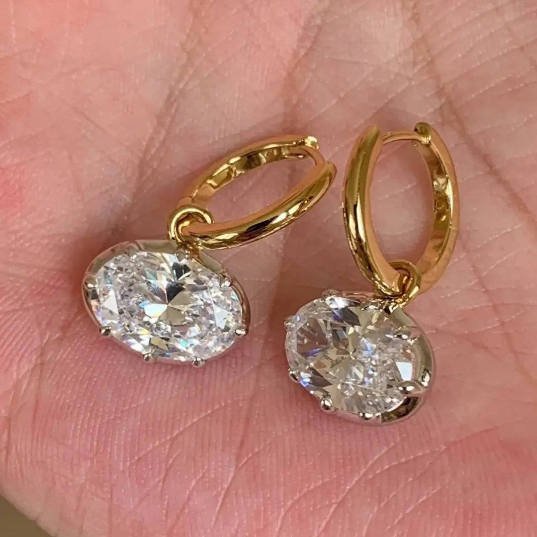 Oval Diamond Charm S925 Silver Huggie Earrings, Gold & Silver Two Tones Minimalist Oval Stone Dangle Earrings