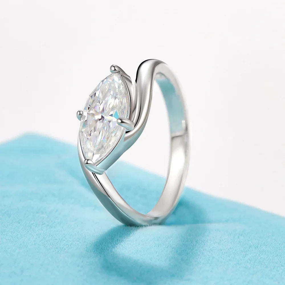 Twist Shank Marquise Stone Four-Prong Ring, Gold & Silver Minimalist Engagement Promise Band