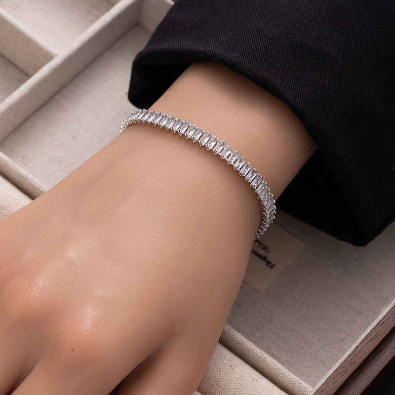 Baguette Cut Thin Tennis Bracelet, Gold & Silver / Rainbow Multi-Color Diamond Dainty Stackable Wrist Band
