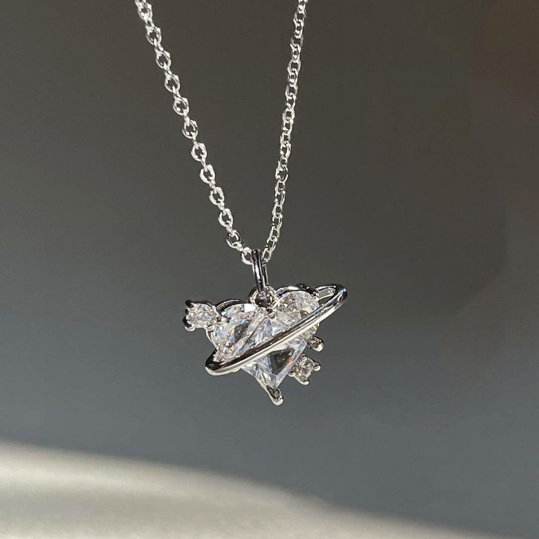 Planet Heart Diamond Necklace, Sweet Saturn Wrapped Heart Collarbone Chain, Pink & Clear Diamond Available