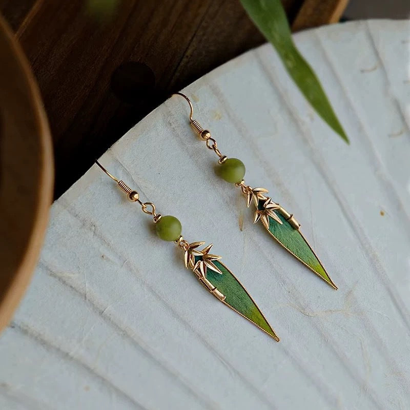 Long Bamboo Leaf Drop Earrings