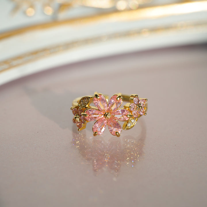Vintage Amethyst Floral Open Ring, Luxury 3-Flower Diamond Adjustable Women Statement Ring
