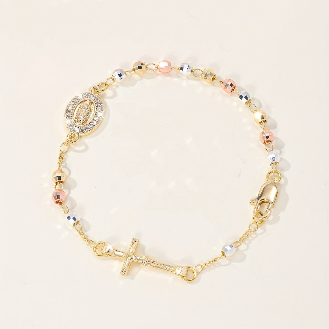 Tri-Color Faceted Bead Virgin Mary Cross Bracelet, Religious Diamond Saint Medal Jewelry, Gold Plated Rosary Bracelet for Women