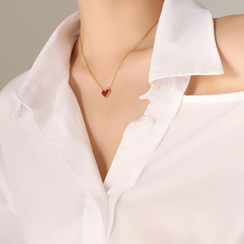 Red Enamel Heart Slim Chain Choker (Minimalist Vibe Sweet-Cool Necklace)