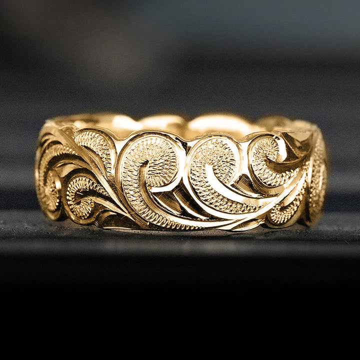Vintage Scroll‑Engraved Wide S925 Silver Ring, European Carved Band Ring, Gold & Silver Two‑Tone For Men