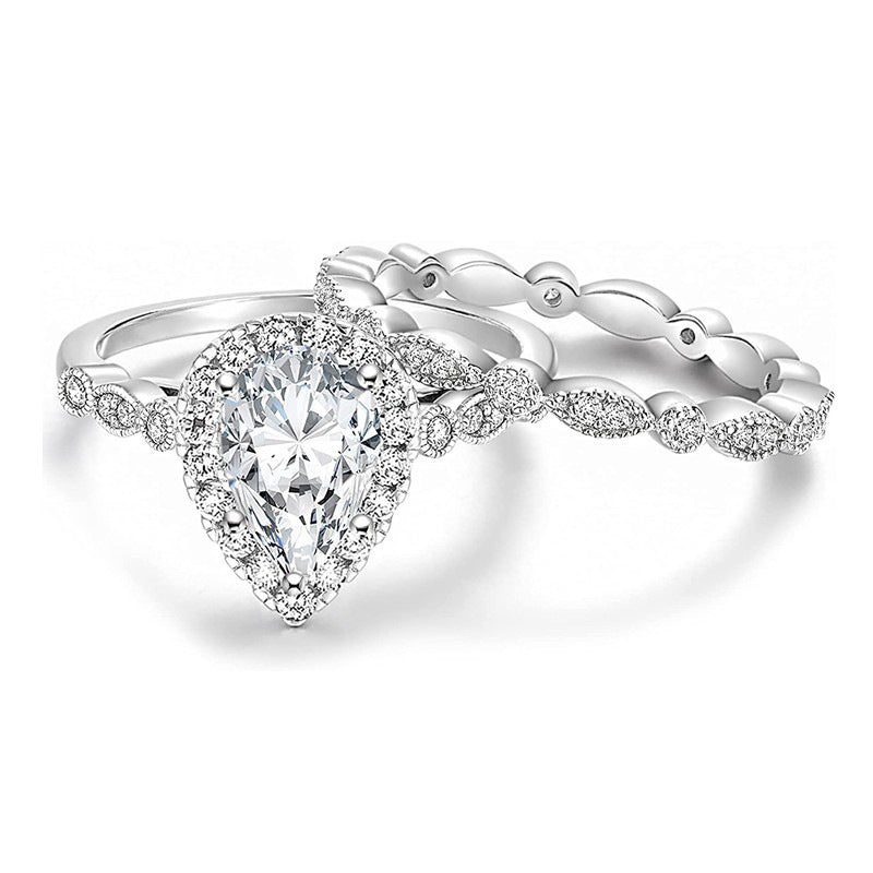 Pear Shape Halo Lace 2Pcs Ring Set, Vintage Openwork Milgrain Stackable Wedding Bands Silver Bridal Engagement Jewelry