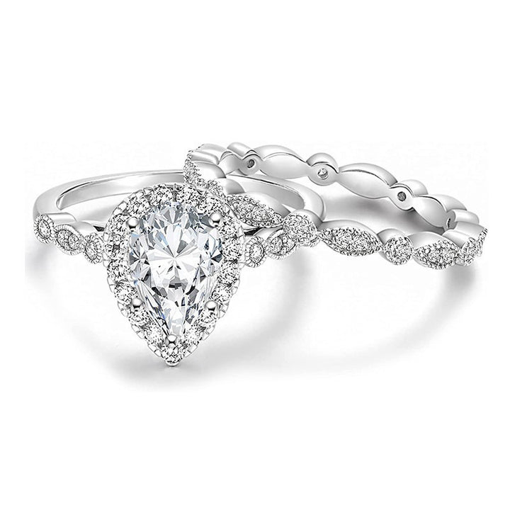 Pear Shape Halo Lace 2Pcs Ring Set, Vintage Openwork Milgrain Stackable Wedding Bands Silver Bridal Engagement Jewelry