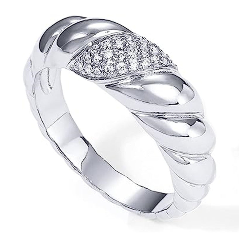 Twist Cable Half Pave Diamond Ring, Gold Silver Vintage Braided Wide Band For Women