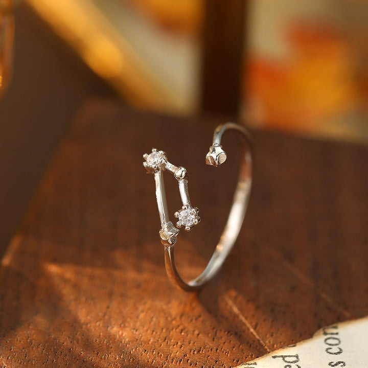925 Silver Diamond-Inlaid 12 Constellations Open Adjustable Ring (Unisex Luxury Personalized Style)