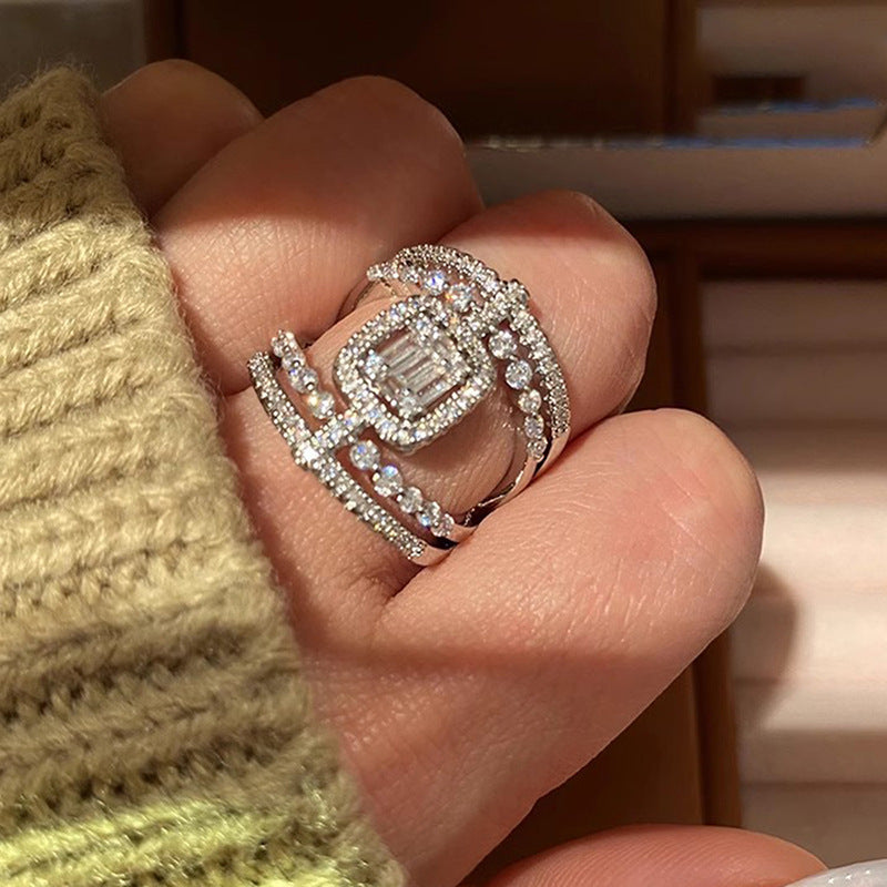 Luxury Double Layer Square Diamond Tassel Ring, European Heavy Paved Geometric Hollow Elegant Ring for Women