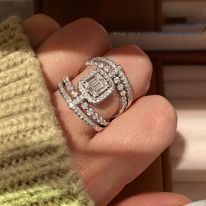 Luxury Double Layer Square Diamond Tassel Ring, European Heavy Paved Geometric Hollow Elegant Ring for Women