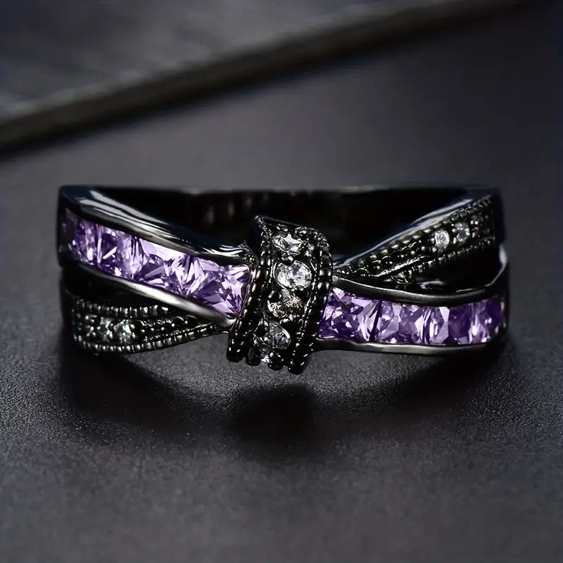 Twisted Cross Purple Crystal Black Gold Ring, Vintage Gunmetal Intertwined Ribbon Band Women Dark Luxury Jewelry