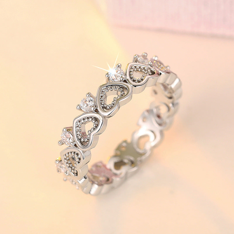Hollow Heart Paved Diamond Eternity Band Ring, Gold & Silver Dainty Stackable Closed Ring for Women