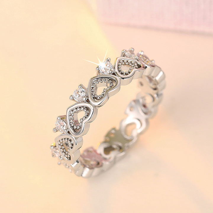 Hollow Heart Paved Diamond Eternity Band Ring, Gold & Silver Dainty Stackable Closed Ring for Women