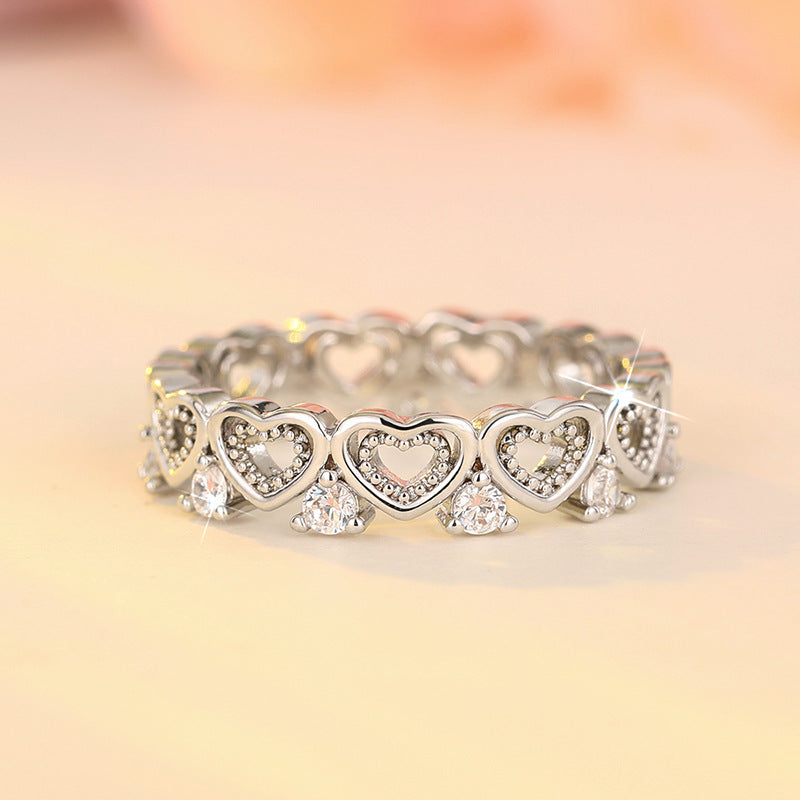 Hollow‑Cut Heart Eternity Band, S925 Sterling Silver Ring With Diamonds, Two‑Tone Available
