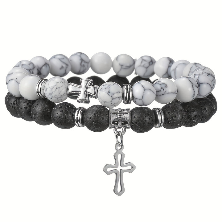 Black Lava Stone & White Turquoise Cross Couple Bracelets（1part/2 pcs）