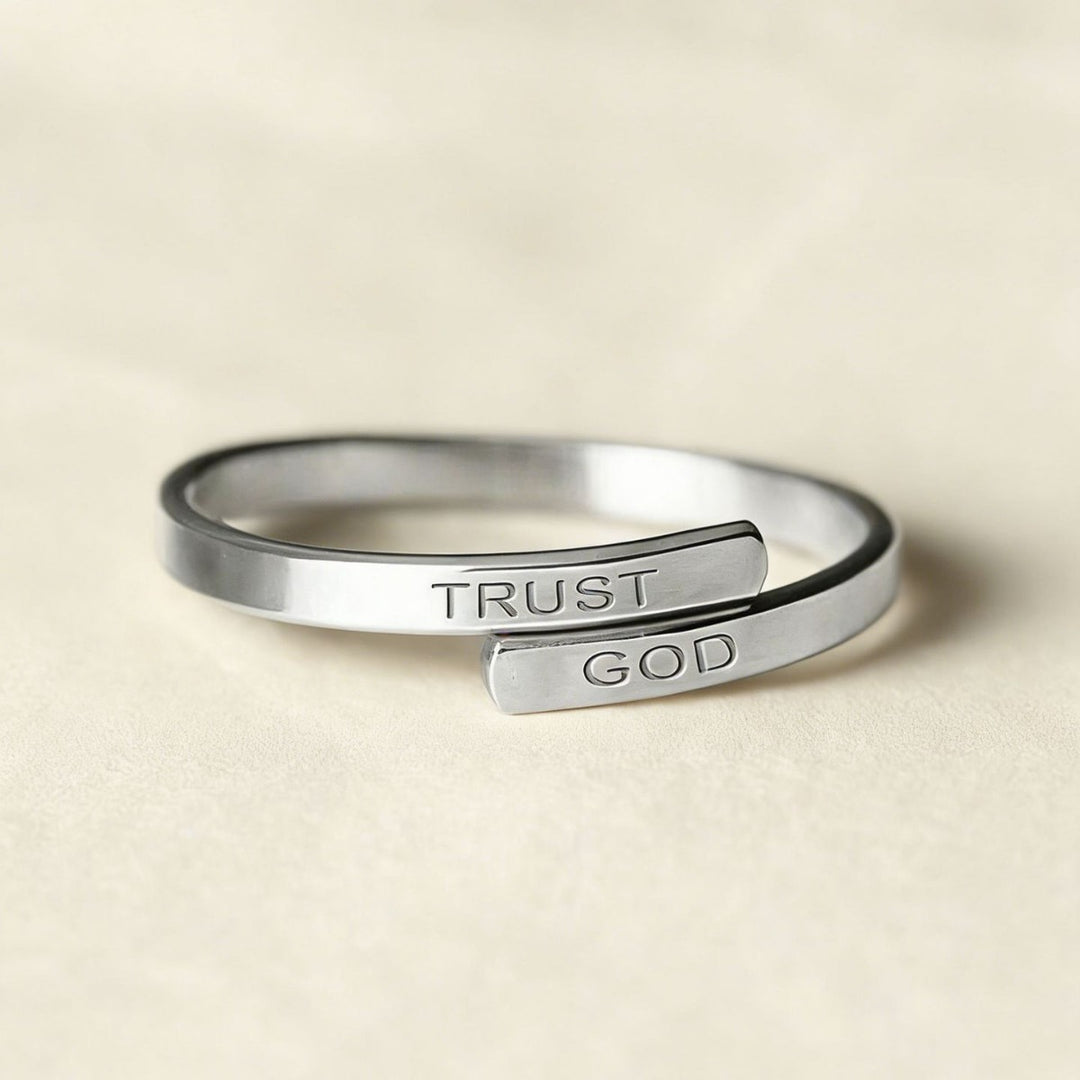 S925 Silver Engraved "TRUST GOD" Bypass Open Ring, Minimalist Adjustable Thin Band