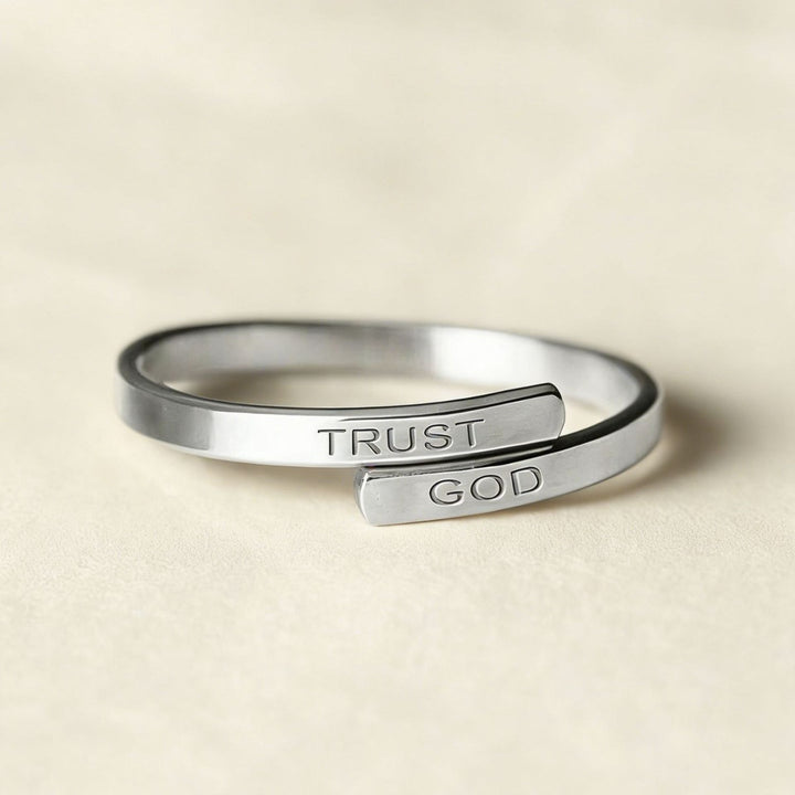 S925 Silver Engraved "TRUST GOD" Bypass Open Ring, Minimalist Adjustable Thin Band