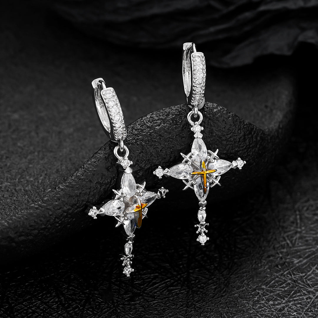 Two-Tone Four-Pointed Star Long Drop Hoop Earrings, Vintage Luxury Full Paved Diamond Star Dangle Earrings