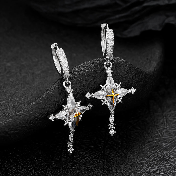Two-Tone Four-Pointed Star Long Drop Hoop Earrings, Vintage Luxury Full Paved Diamond Star Dangle Earrings