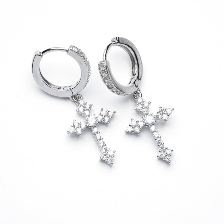 Full Paved Diamond Cross Hoop Earrings, Gold & Silver Luxury Rhinestone Cross Drop Hoops