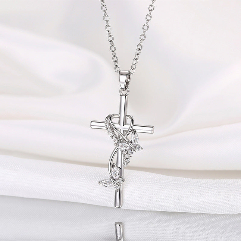 Heart Wrapped Butterfly Cross Necklace, Multiple Colors Available