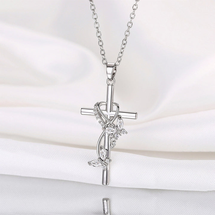 Heart Wrapped Butterfly Cross Necklace, Multiple Colors Available