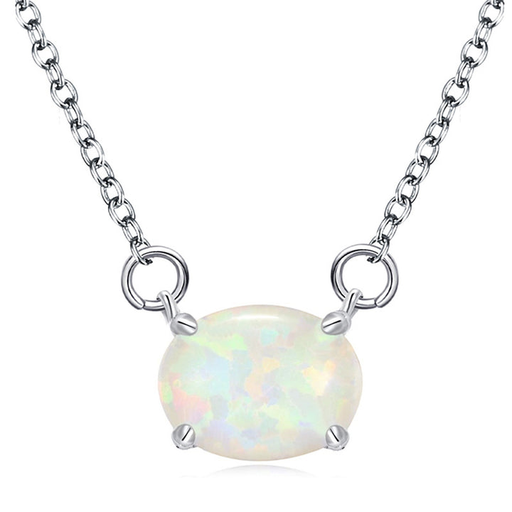 Luxury Opal Oval Solitaire Necklace (Versatile Silver Tone Clavicle Chain)