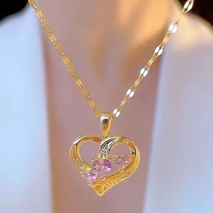 Hollow‑Out Heart‑Shaped Pendant Necklace With Three‑Heart Diamond, Two‑Color Options