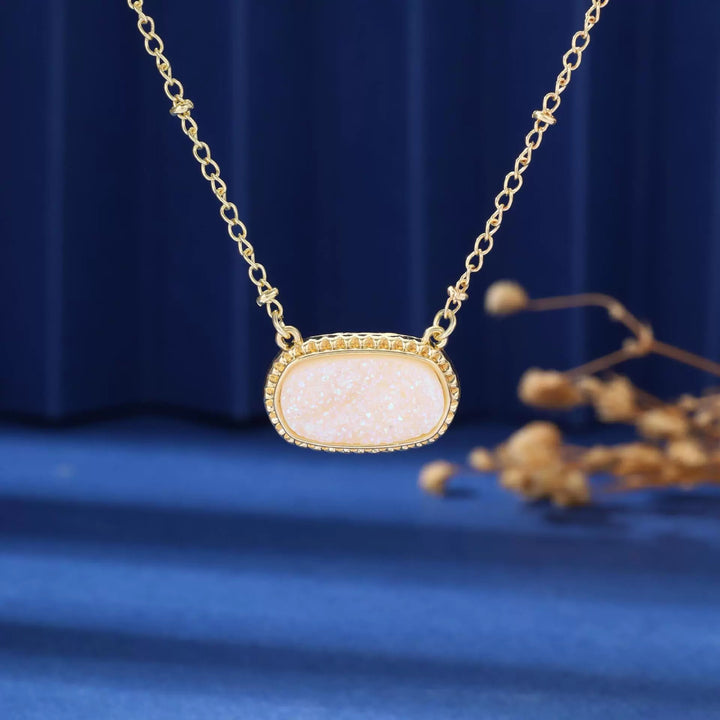 Rectangular Druzy Crystal Pendant Necklace, 14K Gold & Silver Dainty Satellite Chain, Sparkly Crushed Crystal Trendy Necklace, Multiple Colors Available