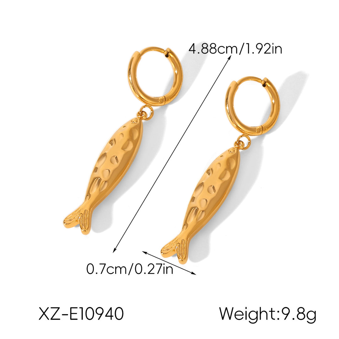S925 Silver Gold‑Plated Hammered Fish Jewelry Set, Vintage Textured Fish Pendant Necklace & Huggie Earring 2‑Piece Set
