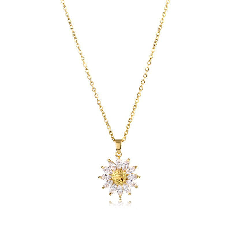 Pave Diamond Sunflower Collarbone Necklace, Marquise Crystal Sun‑Flower Pendant, Gold & Silver Two‑Tone Multiple Chain Styles Dainty Jewelry