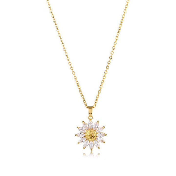 Pave Diamond Sunflower Collarbone Necklace, Marquise Crystal Sun‑Flower Pendant, Gold & Silver Two‑Tone Multiple Chain Styles Dainty Jewelry