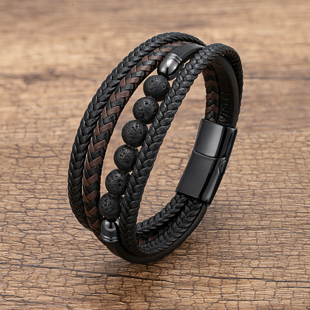 Natural Stone Beaded Braided Leather Men's Bracelet (Multi-Color Magnetic Clasp Wristband)
