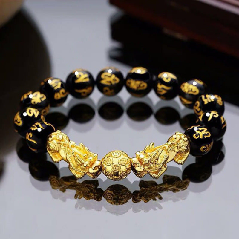 Gold‑Plated Pi Xiu Obsidian Bracelet, Six‑Word Mantra Black Round Bead Multi‑Style Men Single Strand Bracelet