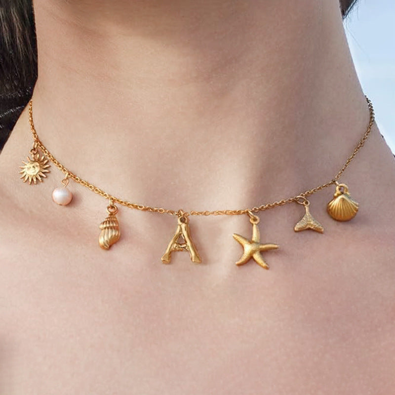Ocean Vacation Multi-Charm Initial Choker, Starfish Shell Mermaid Tail Sun Pearl Custom Letter Thin Necklace for Women