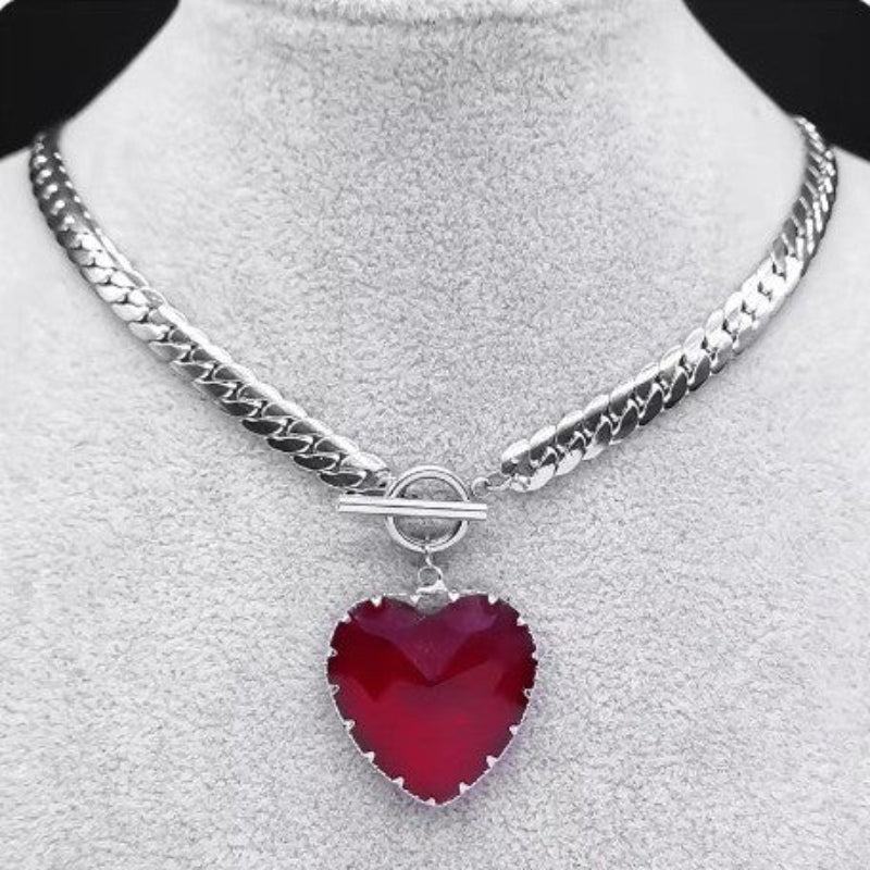 Large Heart Gemstone OT Clasp Cuban Link Necklace (Goth Sweet & Edgy Choker)