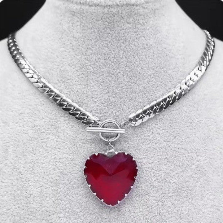 Large Heart Gemstone OT Clasp Cuban Link Necklace (Goth Sweet & Edgy Choker)