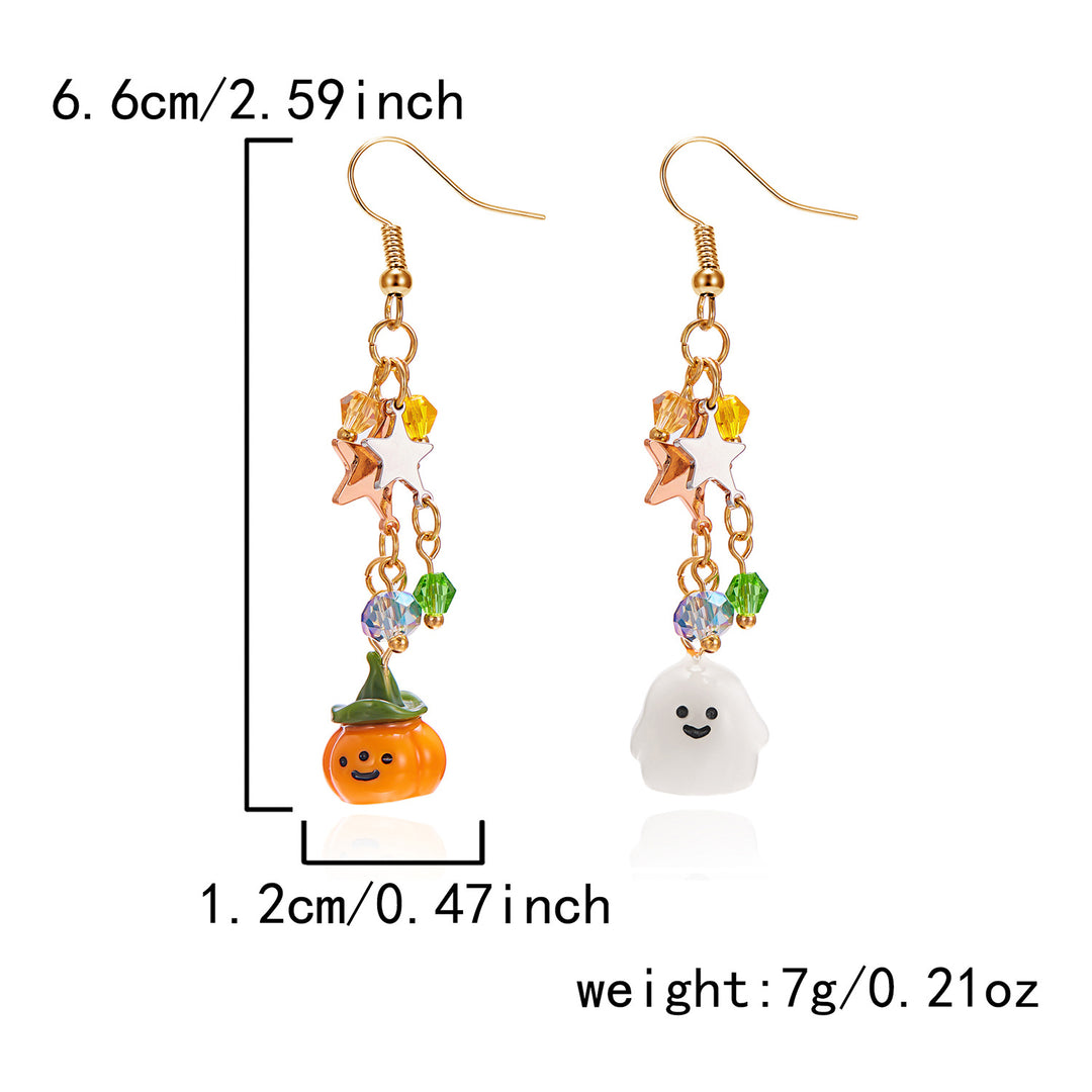 Halloween Asymmetric Pumpkin & Ghost Long Hook Earrings, Colorful Beaded Star Fun S925 Silver Earrings