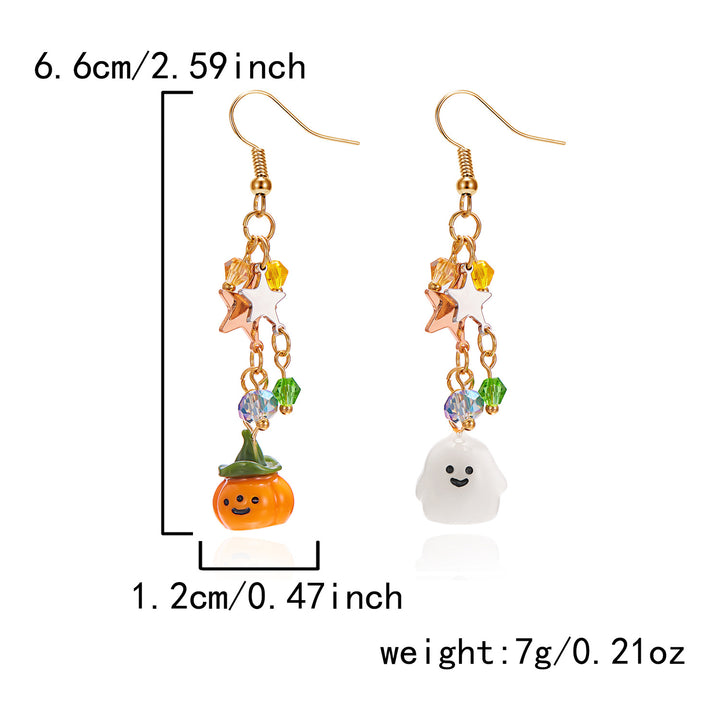Halloween Asymmetric Pumpkin & Ghost Long Hook Earrings, Colorful Beaded Star Fun S925 Silver Earrings