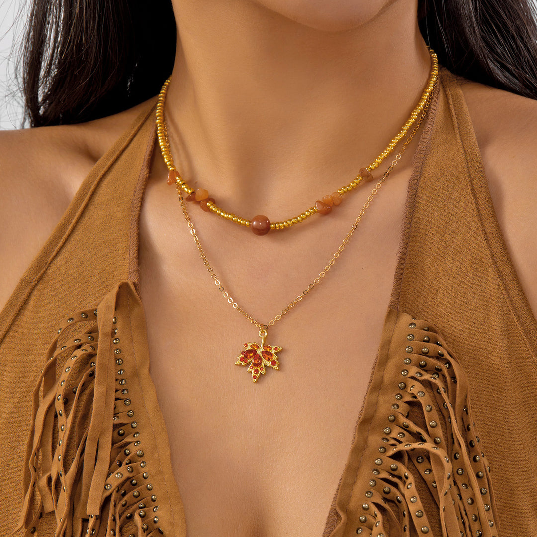 Red Diamond Maple Leaf Jewelry Set (Necklace + Bracelet + Hoop Earrings)