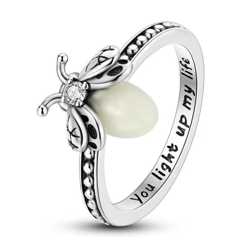 S925 Silver Bee Luminous Bead Engraved Ring, Two‑Tone Vintage Insect‑Theme Ring for Women