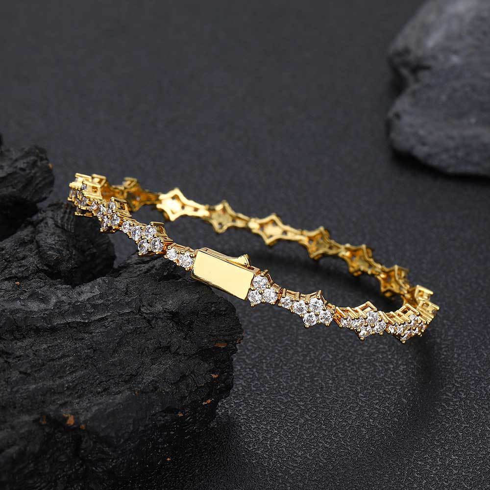 Four-Pointed Star Paved Diamond Tennis Bracelet, Gold & Silver Luxury Full Diamond Elegant Clasp Bracelet for Women