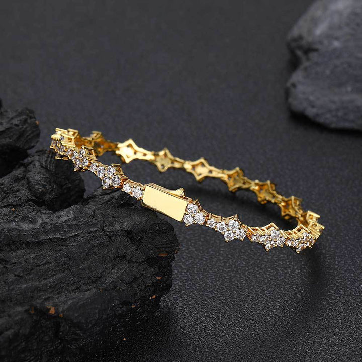 Four-Pointed Star Paved Diamond Tennis Bracelet, Gold & Silver Luxury Full Diamond Elegant Clasp Bracelet for Women