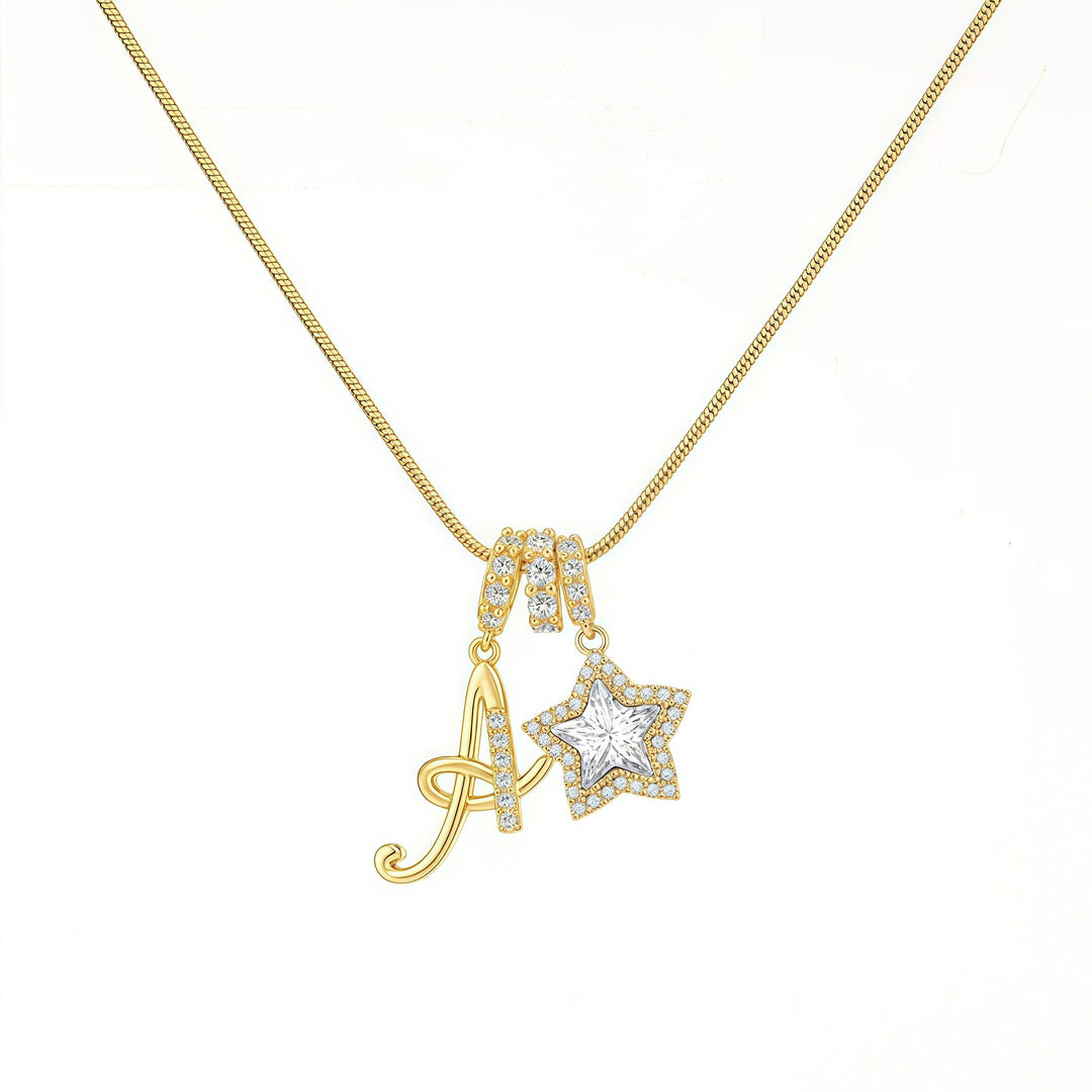 Script Initial Pave Star Dual Charm Snake Chain Necklace, Gold & Silver Custom Letter Choker