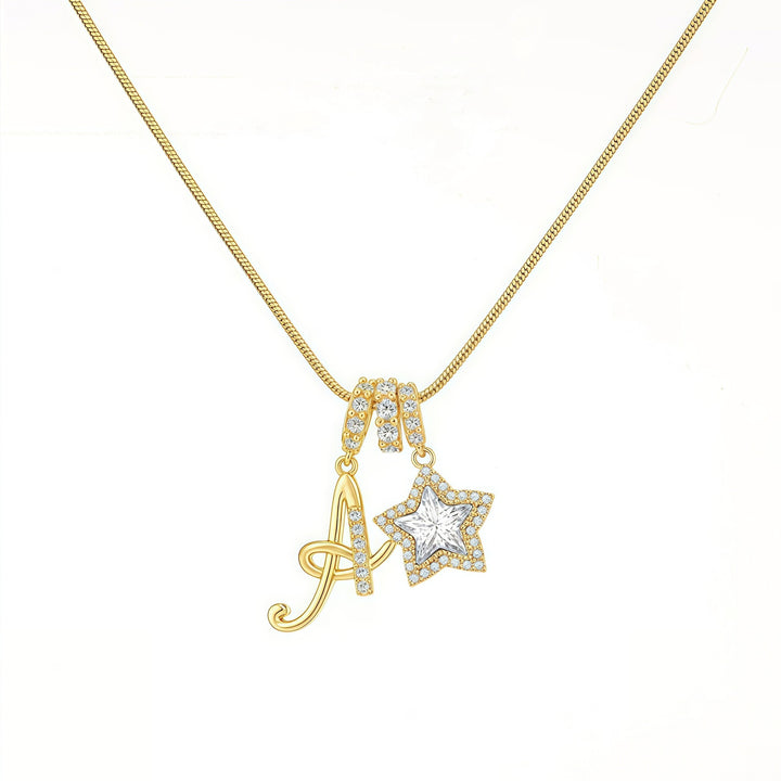 Script Initial Pave Star Dual Charm Snake Chain Necklace, Gold & Silver Custom Letter Choker