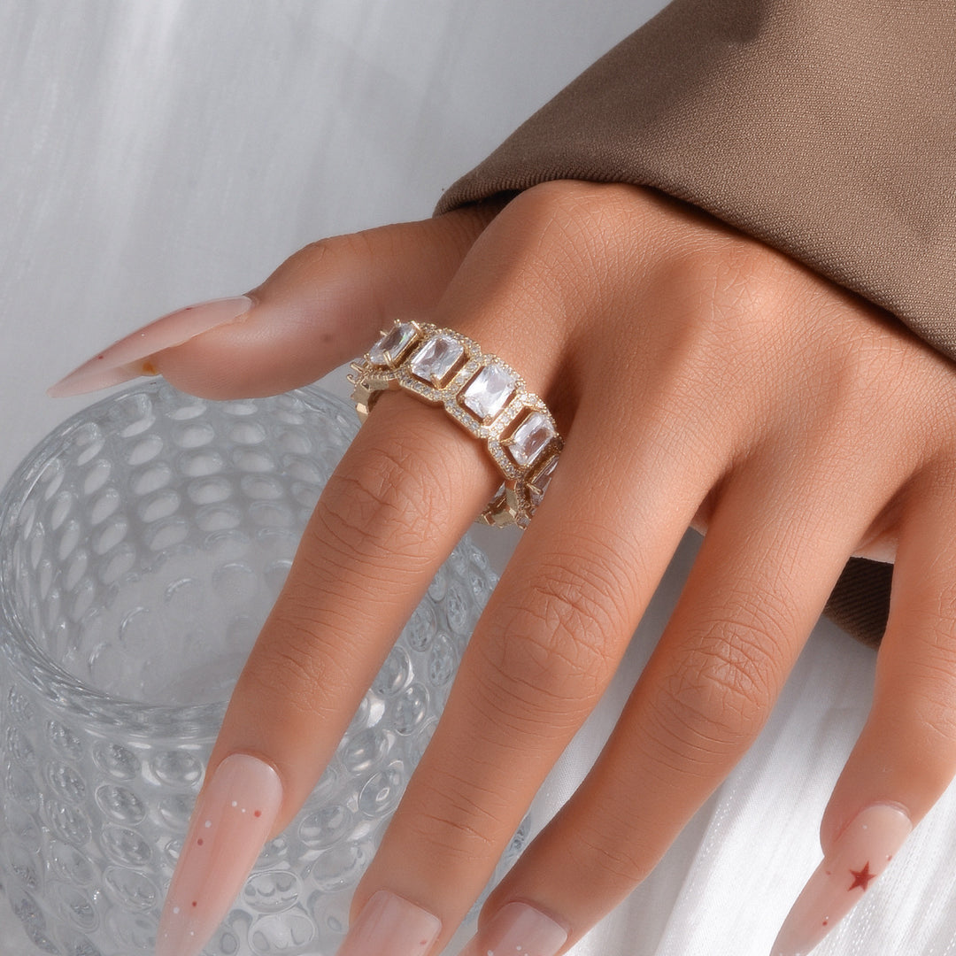 Baguette‑Cut Halo Eternity Band Ring, Two‑Tone Options